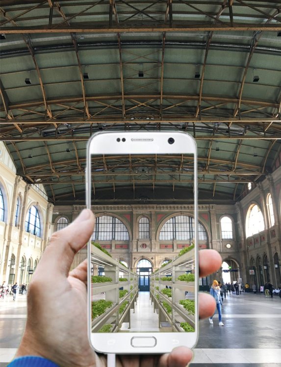 Bahnhofshalle in Zürich mit einem weissen Handy davor, das Regale mit Pflanzen in der Halle zeigt.