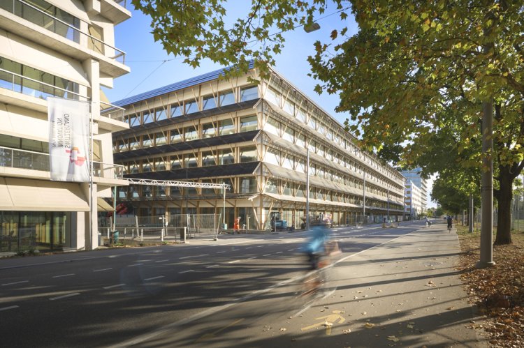 Strasse mit einer vorbeifahrenden Velofahrerin im Vordergrund, daneben ein mehrstöckiges modernes Gebäude mit Holzfassade und Bauzaun; rechts verläuft ein Gehweg unter Bäumen.