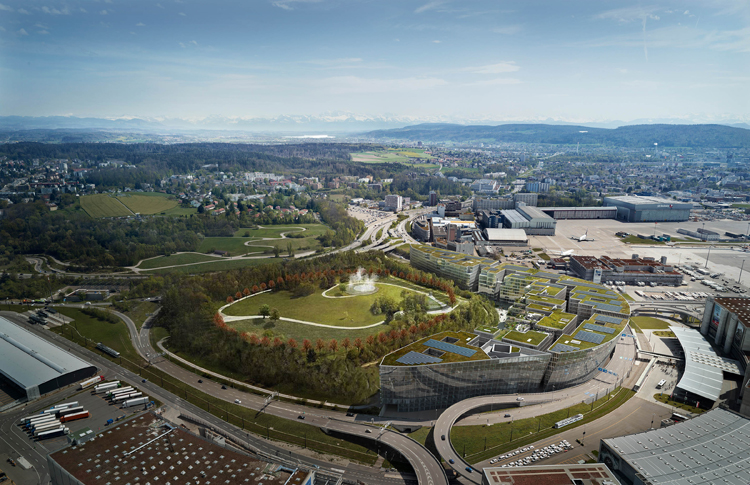 The Circle aus der Vogelperspektive am Flughafen Zürich.