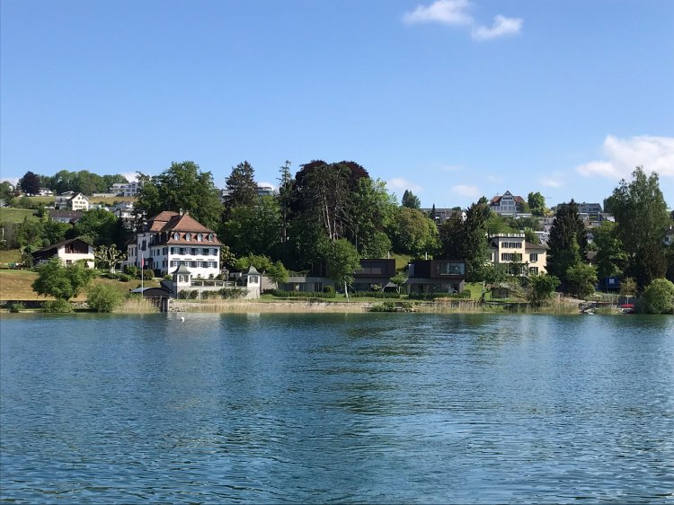 Blick vom See aus auf eine Uferlandschaft mit zwei dominanten Häuser links und rechts, in der mitte zeigt sich unscheinbar ein Villen-Cluster aus dunklen Pavillons.