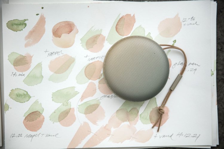 Speaker Beosound A1 auf einem Papier mit rot-grünem Farbmuster.